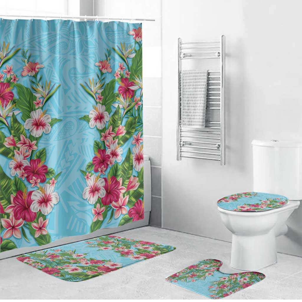 Hawaii Tropical Flowers Bathroom Set Sky Blue Polynesian Tattoo Art LT05 Bathroom Set (4 pcs) Blue - Polynesian Pride