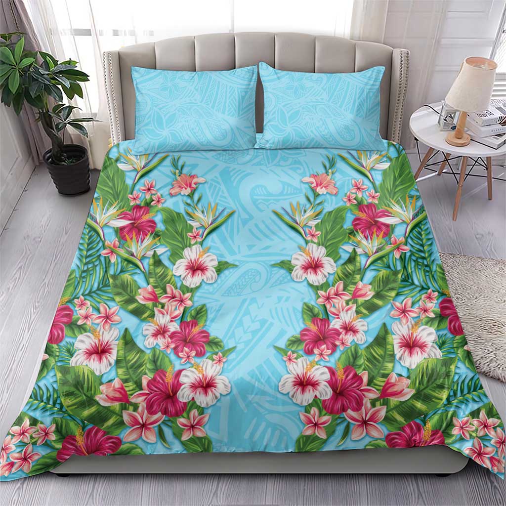 Hawaii Tropical Flowers Bedding Set Sky Blue Polynesian Tattoo Art LT05 - Polynesian Pride
