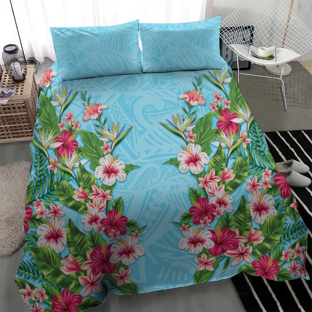 Hawaii Tropical Flowers Bedding Set Sky Blue Polynesian Tattoo Art LT05 - Polynesian Pride
