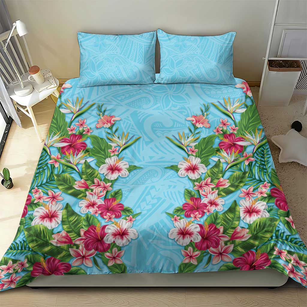 Hawaii Tropical Flowers Bedding Set Sky Blue Polynesian Tattoo Art LT05 - Polynesian Pride