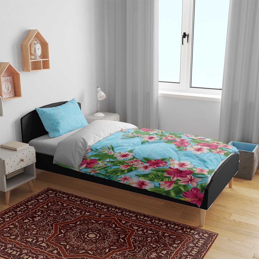 Hawaii Tropical Flowers Bedding Set Sky Blue Polynesian Tattoo Art LT05 - Polynesian Pride
