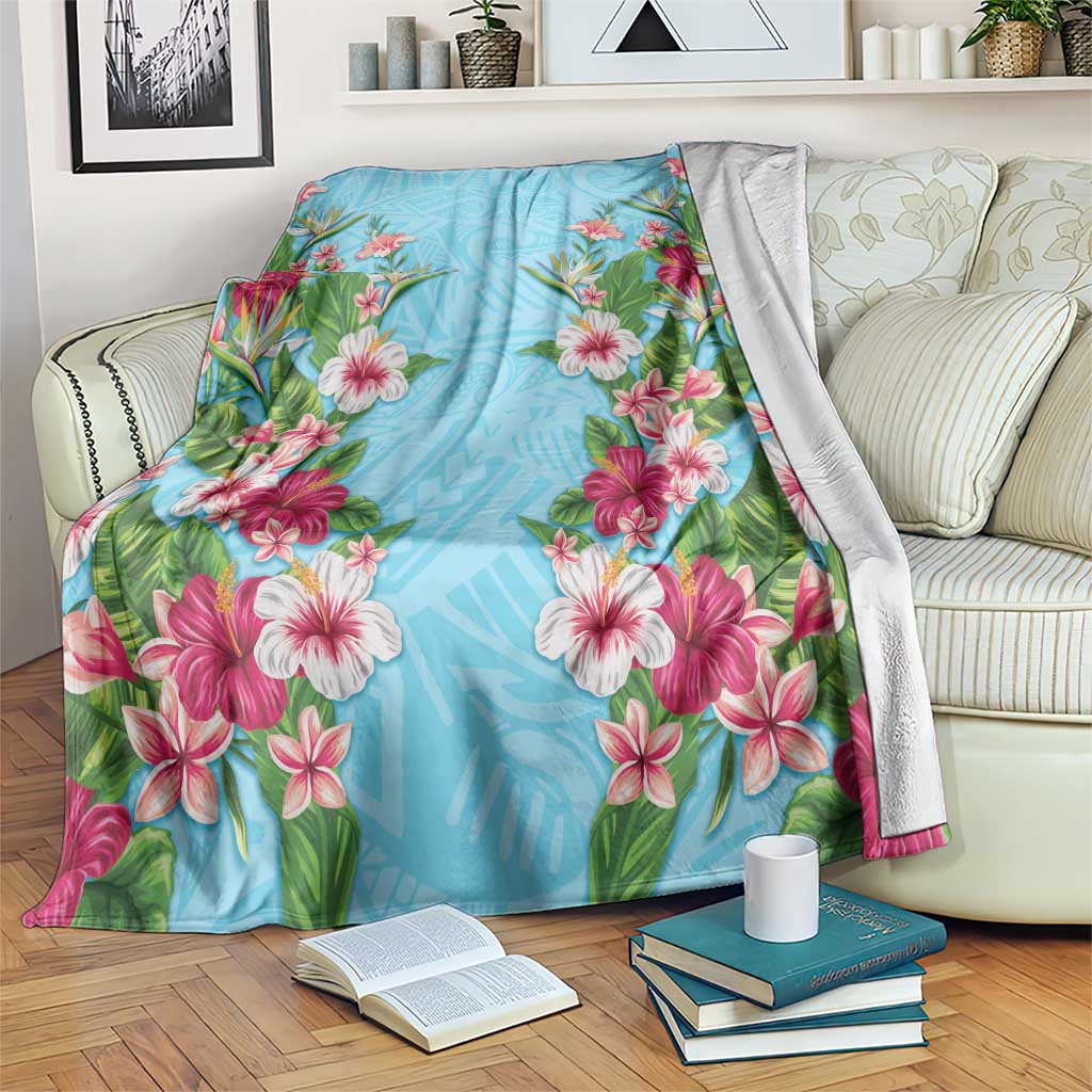 Hawaii Tropical Flowers Blanket Sky Blue Polynesian Tattoo Art LT05 Blue - Polynesian Pride