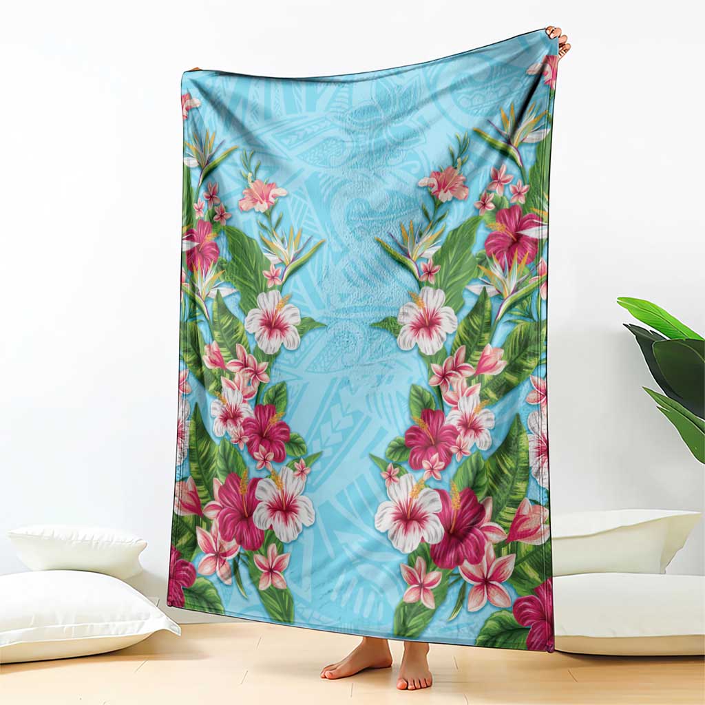 Hawaii Tropical Flowers Blanket Sky Blue Polynesian Tattoo Art LT05 - Polynesian Pride