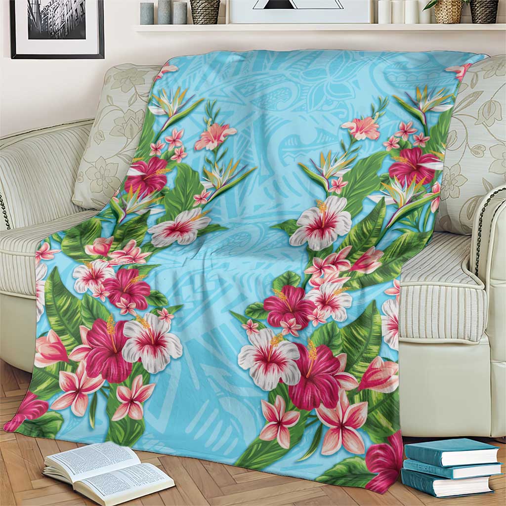 Hawaii Tropical Flowers Blanket Sky Blue Polynesian Tattoo Art LT05 - Polynesian Pride
