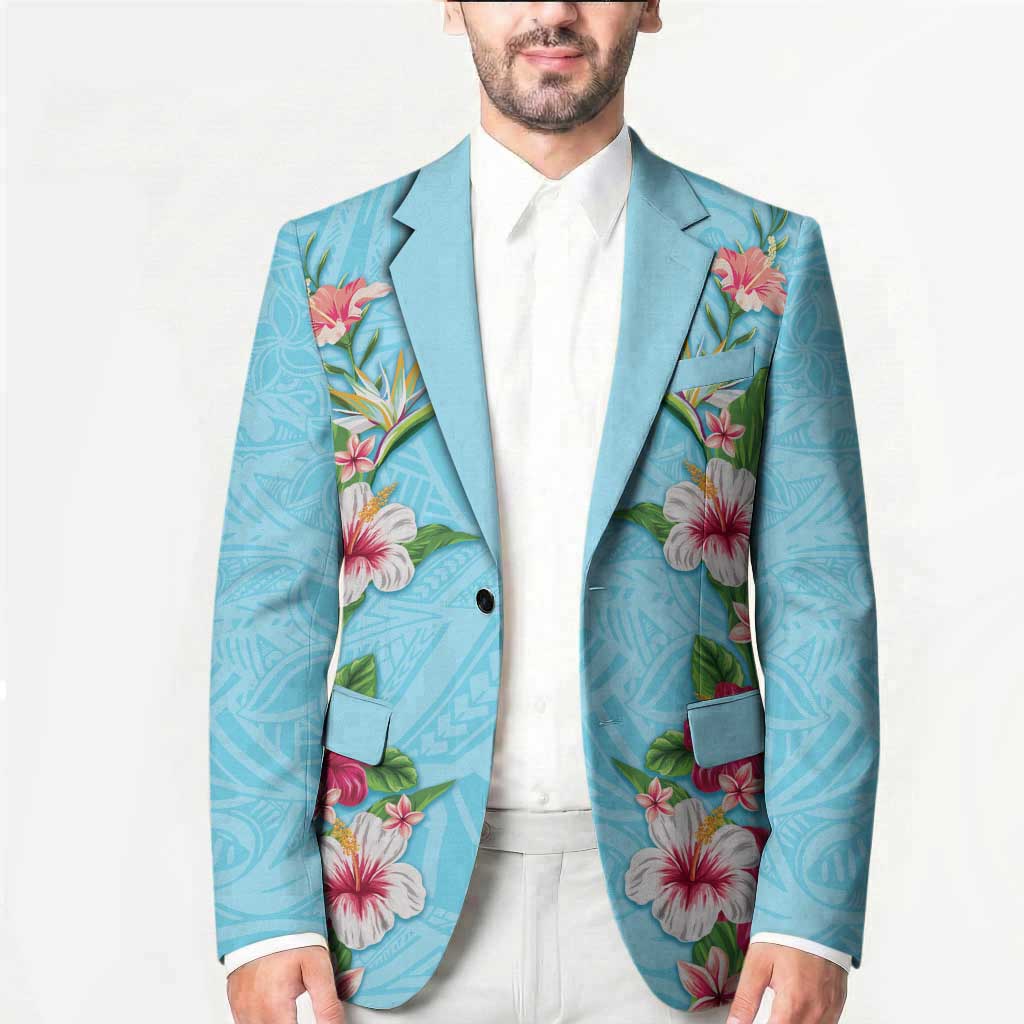 Hawaii Tropical Flowers Blazer Sky Blue Polynesian Tattoo Art LT05 - Polynesian Pride