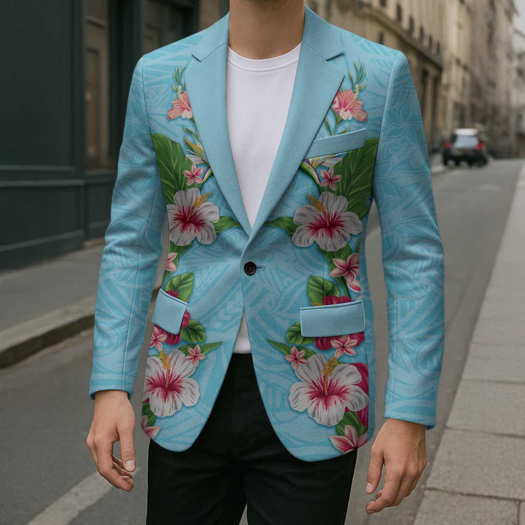 Hawaii Tropical Flowers Blazer Sky Blue Polynesian Tattoo Art LT05 - Polynesian Pride