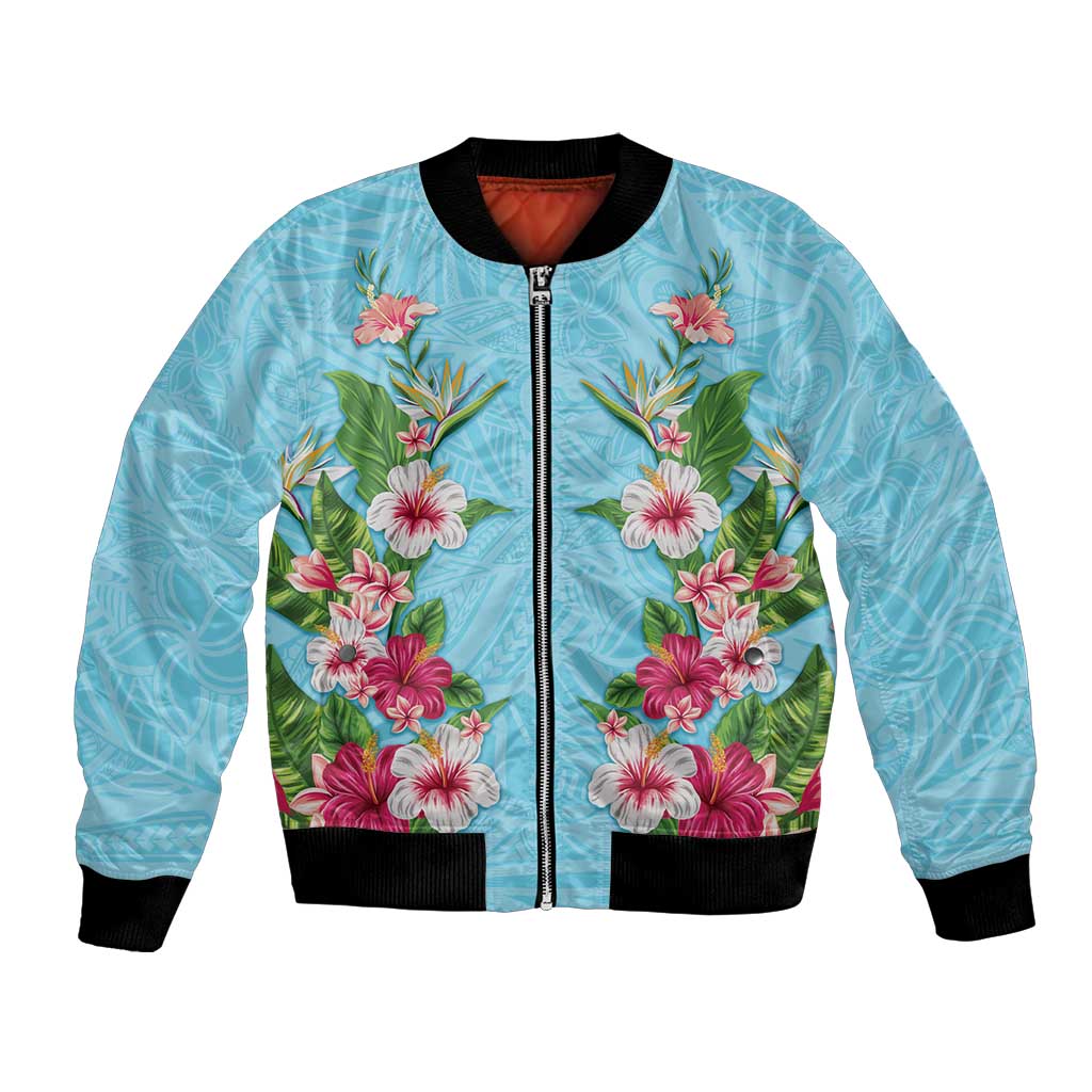Hawaii Tropical Flowers Bomber Jacket Sky Blue Polynesian Tattoo Art LT05 Unisex Blue - Polynesian Pride