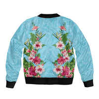 Hawaii Tropical Flowers Bomber Jacket Sky Blue Polynesian Tattoo Art LT05 - Polynesian Pride