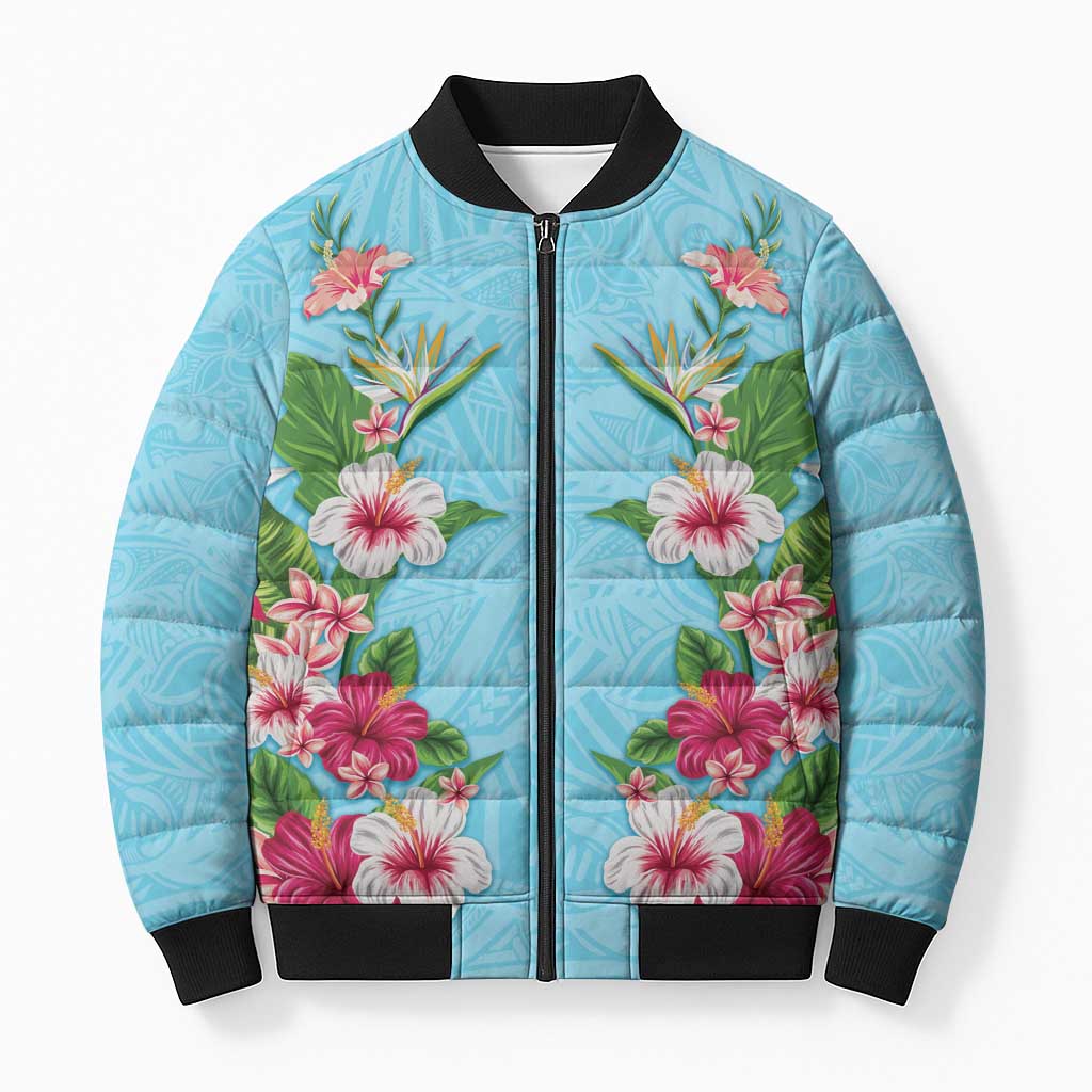 Hawaii Tropical Flowers Bomber Puffer Jacket Sky Blue Polynesian Tattoo Art LT05 Unisex Blue - Polynesian Pride