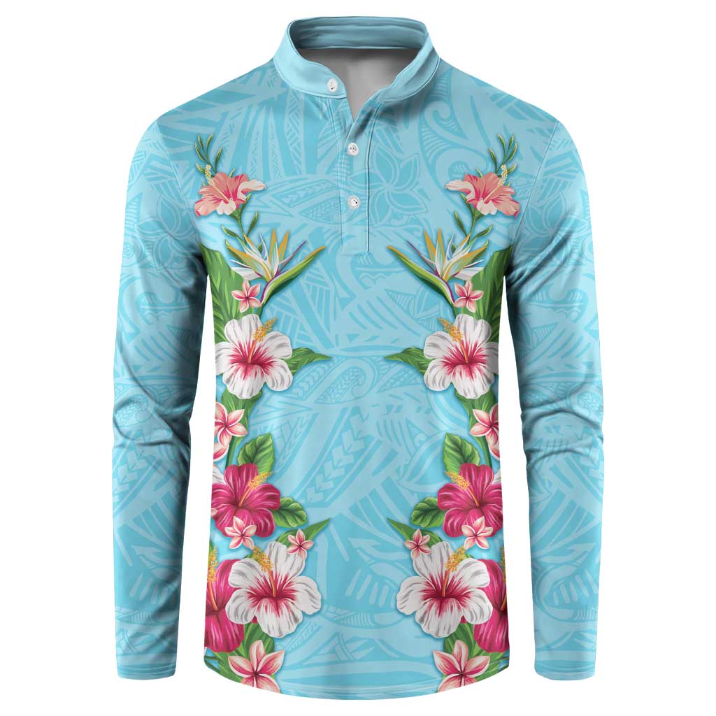 Hawaii Tropical Flowers Button Sweatshirt Sky Blue Polynesian Tattoo Art LT05 Blue - Polynesian Pride