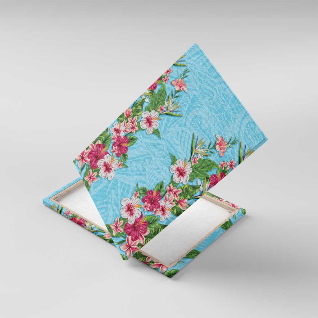 Hawaii Tropical Flowers Canvas Wall Art Sky Blue Polynesian Tattoo Art LT05 With Frame Blue - Polynesian Pride