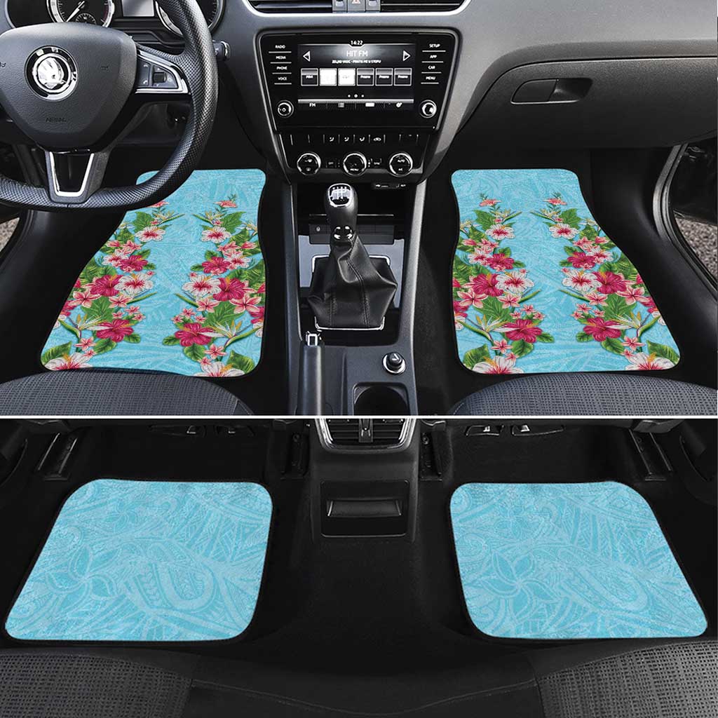 Hawaii Tropical Flowers Car Mats Sky Blue Polynesian Tattoo Art LT05 Set 4pcs Blue - Polynesian Pride
