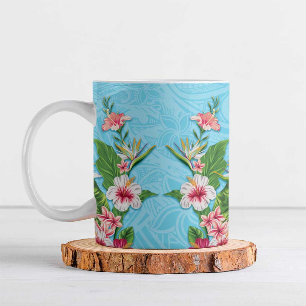 Hawaii Tropical Flowers Ceramic Mug Sky Blue Polynesian Tattoo Art LT05 Blue - Polynesian Pride
