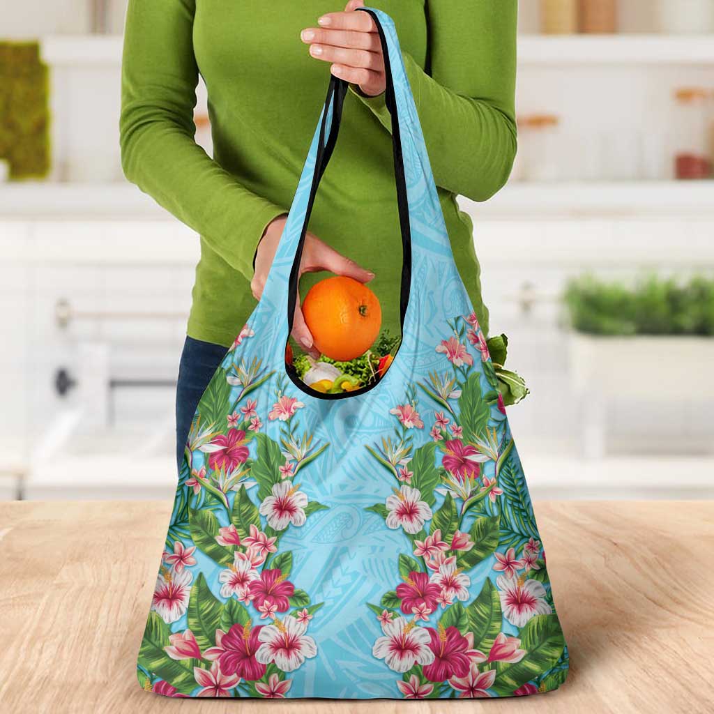 Hawaii Tropical Flowers Grocery Bag Sky Blue Polynesian Tattoo Art LT05 - Polynesian Pride