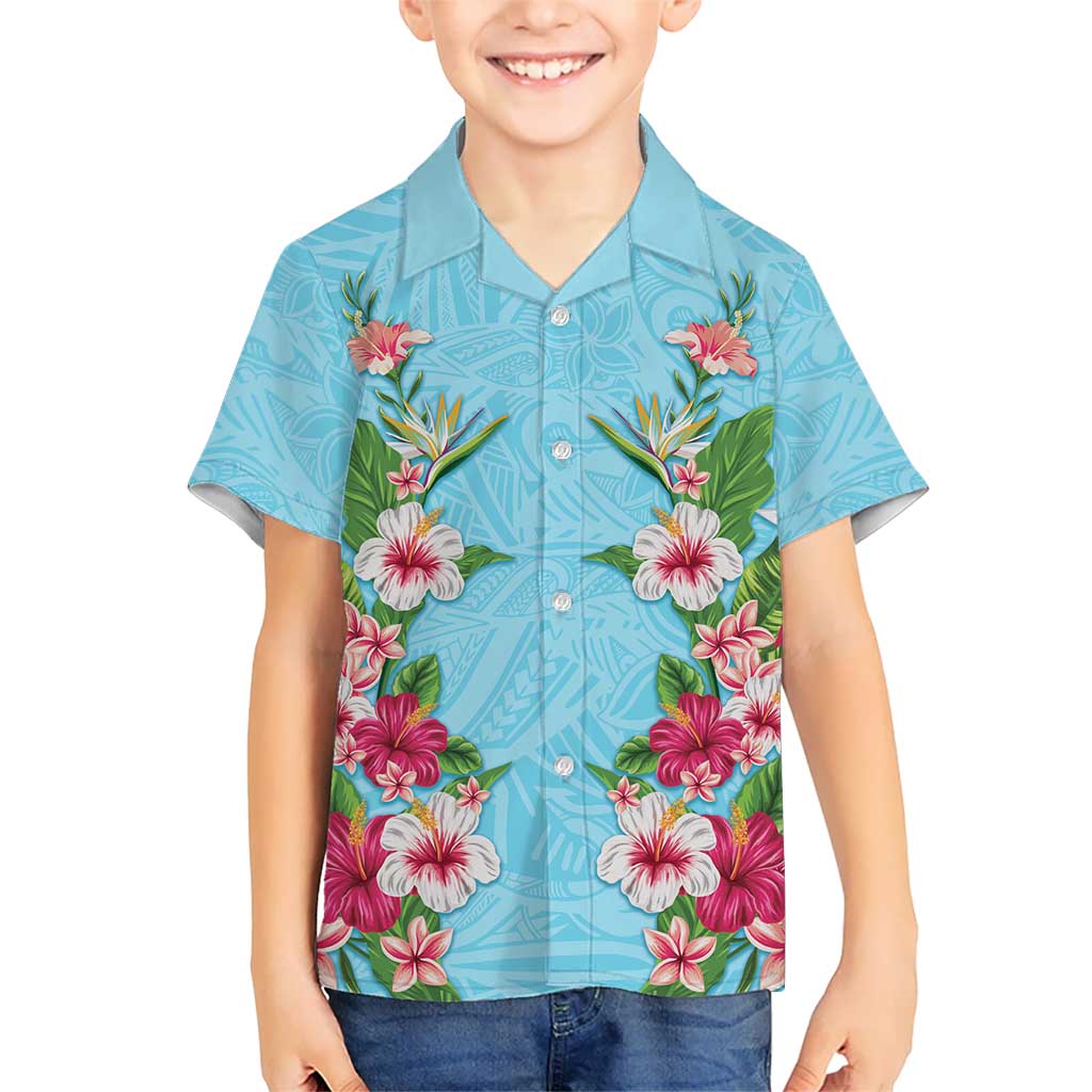 Hawaii Tropical Flowers Kid Hawaiian Shirt Sky Blue Polynesian Tattoo Art LT05 Kid Blue - Polynesian Pride
