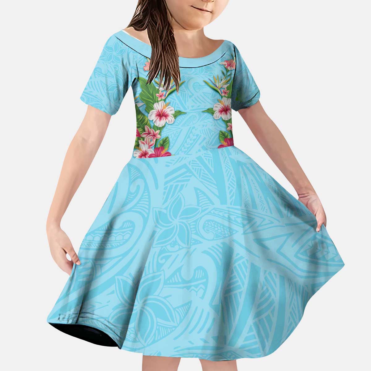Hawaii Tropical Flowers Kid Short Sleeve Dress Sky Blue Polynesian Tattoo Art LT05 KID Blue - Polynesian Pride