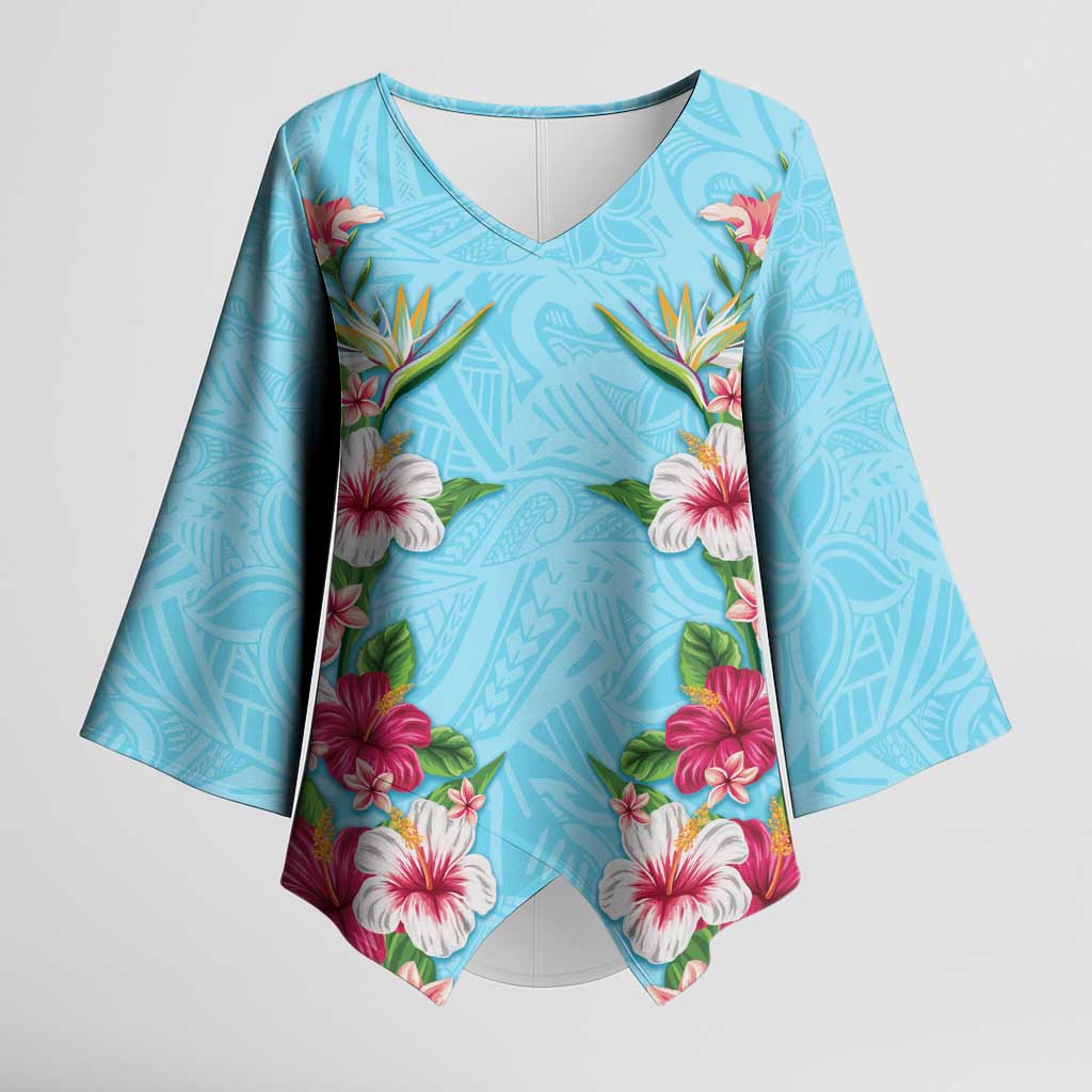 Hawaii Tropical Flowers Kimono Sleeve Blouse Sky Blue Polynesian Tattoo Art LT05 Female Blue - Polynesian Pride
