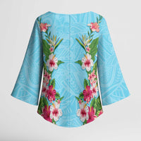 Hawaii Tropical Flowers Kimono Sleeve Blouse Sky Blue Polynesian Tattoo Art LT05 - Polynesian Pride