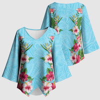Hawaii Tropical Flowers Kimono Sleeve Blouse Sky Blue Polynesian Tattoo Art LT05 - Polynesian Pride