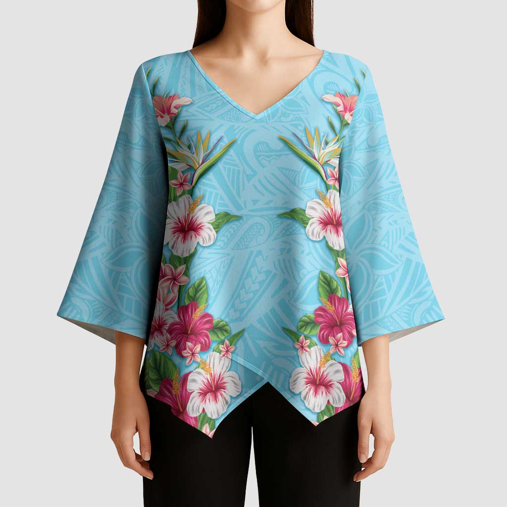 Hawaii Tropical Flowers Kimono Sleeve Blouse Sky Blue Polynesian Tattoo Art LT05 - Polynesian Pride