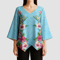 Hawaii Tropical Flowers Kimono Sleeve Blouse Sky Blue Polynesian Tattoo Art LT05 - Polynesian Pride