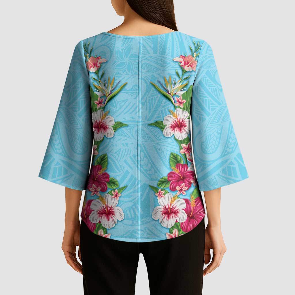 Hawaii Tropical Flowers Kimono Sleeve Blouse Sky Blue Polynesian Tattoo Art LT05 - Polynesian Pride