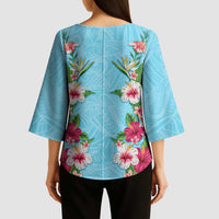 Hawaii Tropical Flowers Kimono Sleeve Blouse Sky Blue Polynesian Tattoo Art LT05 - Polynesian Pride