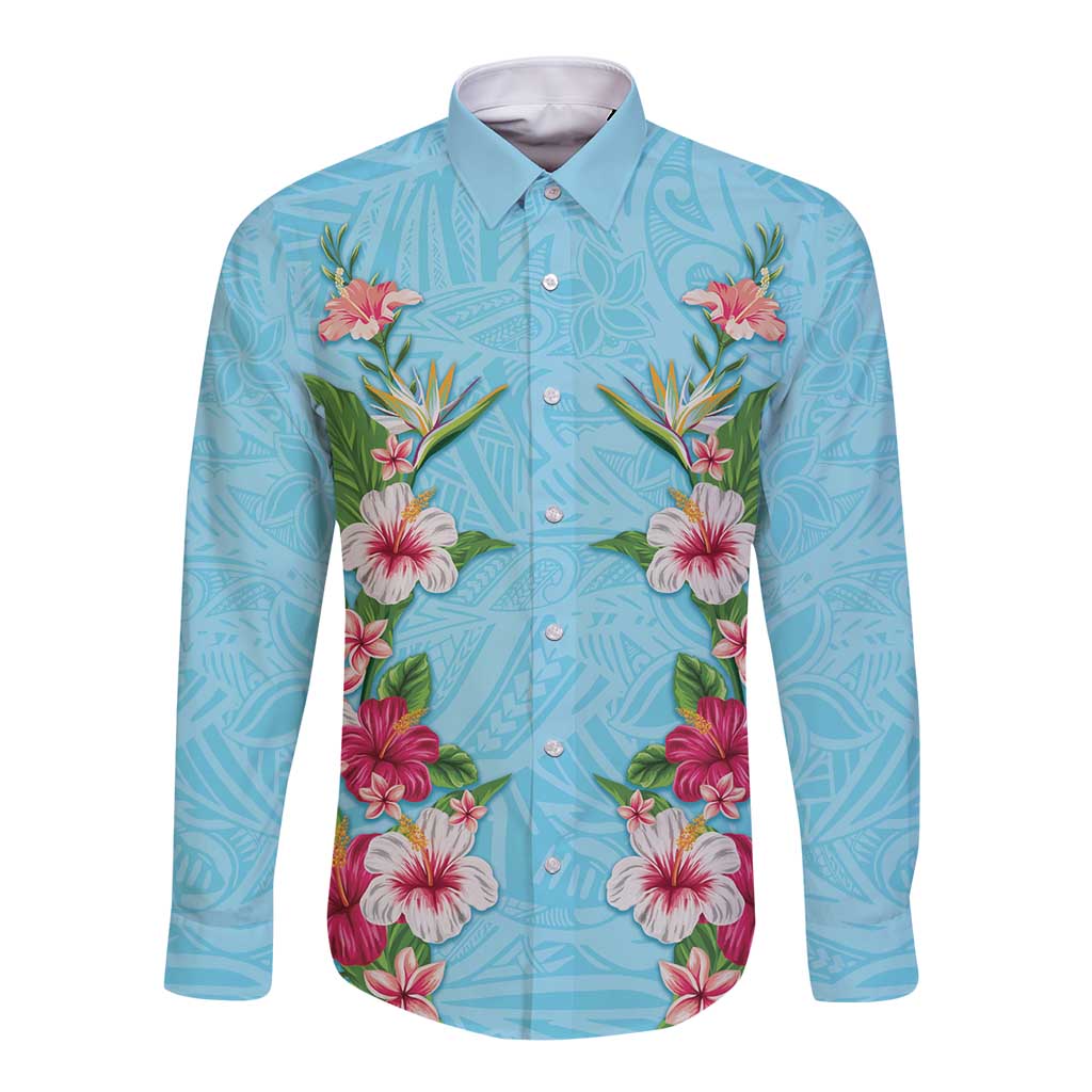 Hawaii Tropical Flowers Long Sleeve Button Shirt Sky Blue Polynesian Tattoo Art LT05 Unisex Blue - Polynesian Pride