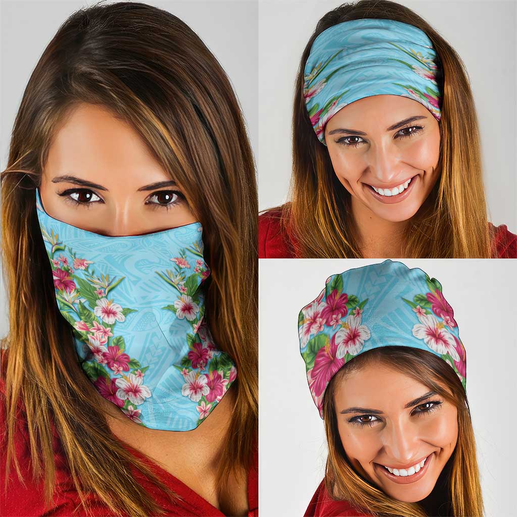 Hawaii Tropical Flowers Neck Gaiter Sky Blue Polynesian Tattoo Art LT05 - Polynesian Pride