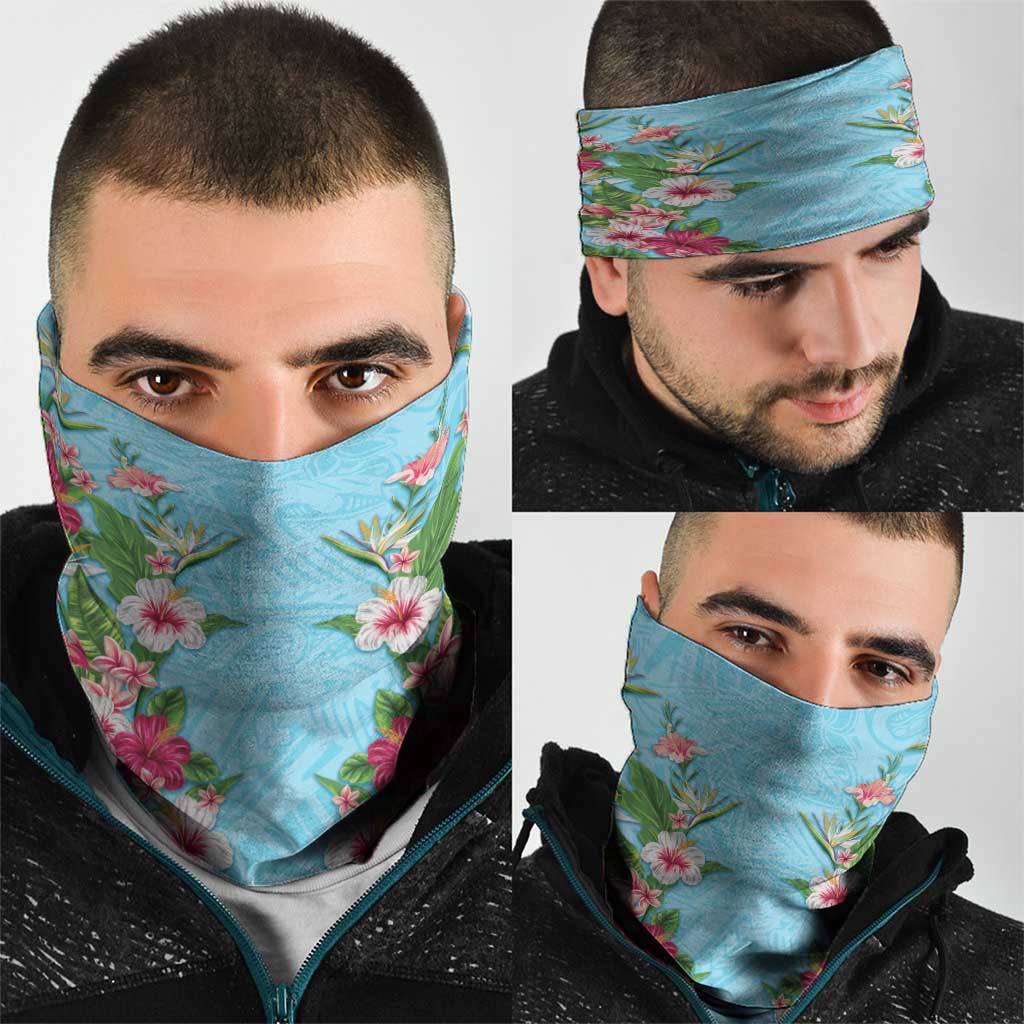 Hawaii Tropical Flowers Neck Gaiter Sky Blue Polynesian Tattoo Art LT05 - Polynesian Pride