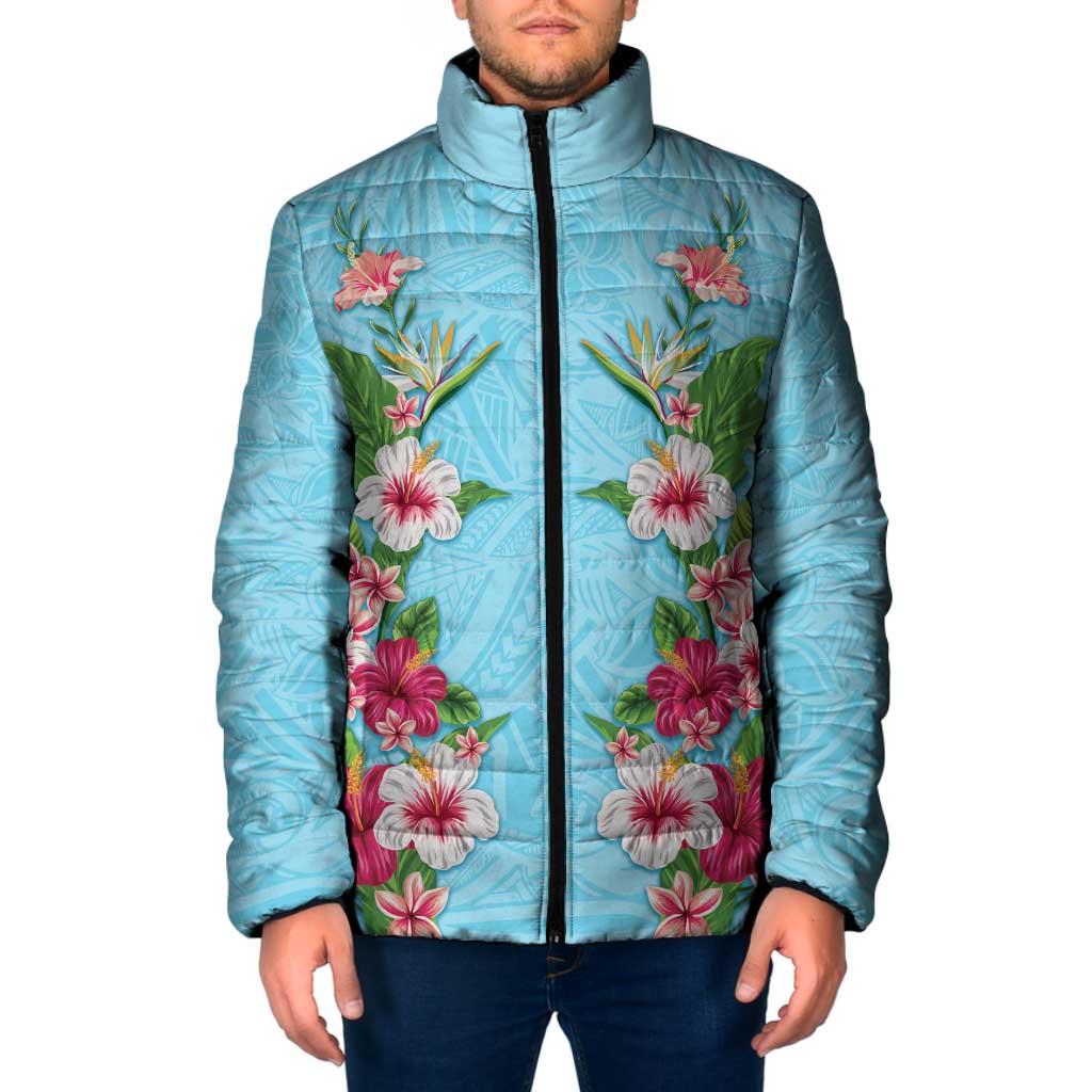 Hawaii Tropical Flowers Padded Jacket Sky Blue Polynesian Tattoo Art LT05 Men Blue - Polynesian Pride