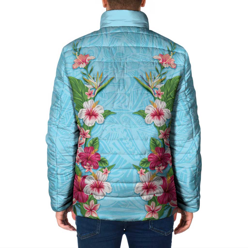 Hawaii Tropical Flowers Padded Jacket Sky Blue Polynesian Tattoo Art LT05 - Polynesian Pride