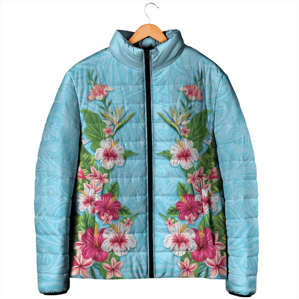 Hawaii Tropical Flowers Padded Jacket Sky Blue Polynesian Tattoo Art LT05 - Polynesian Pride