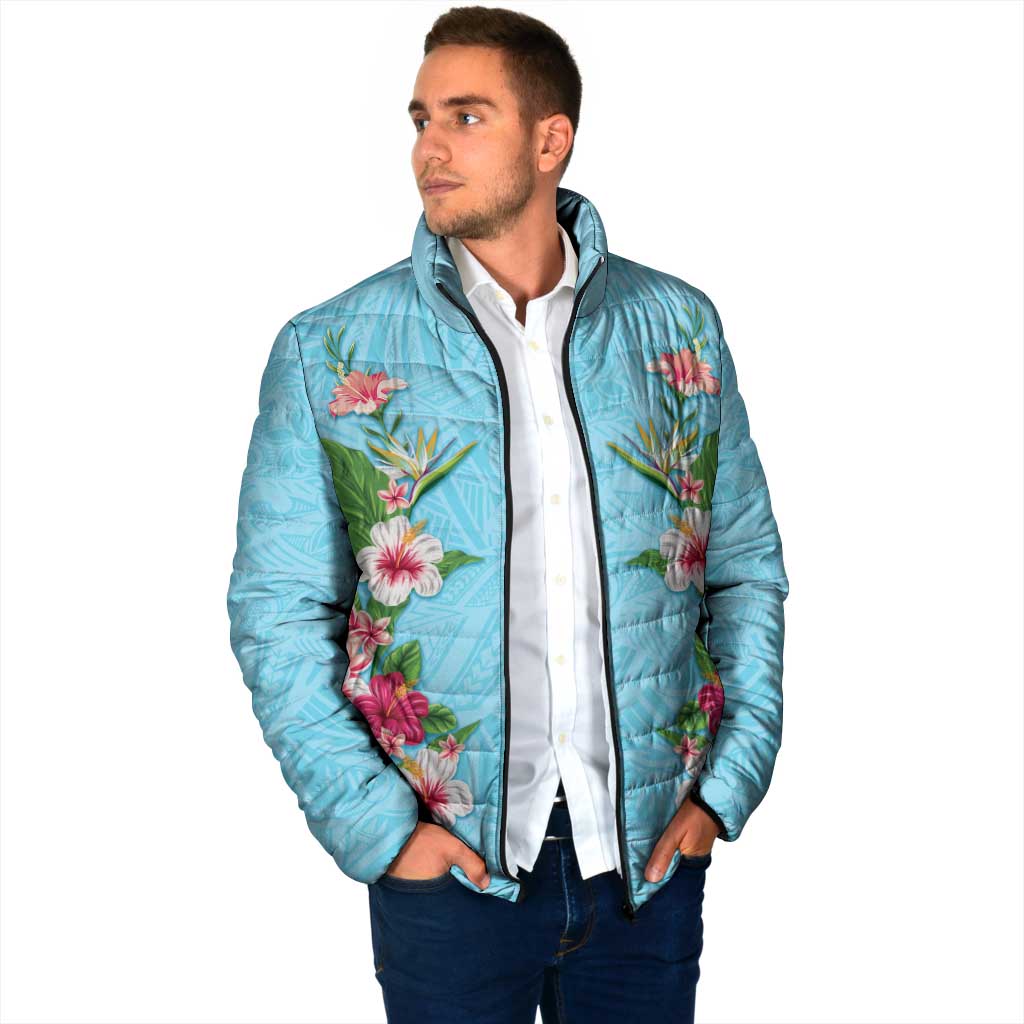 Hawaii Tropical Flowers Padded Jacket Sky Blue Polynesian Tattoo Art LT05 - Polynesian Pride