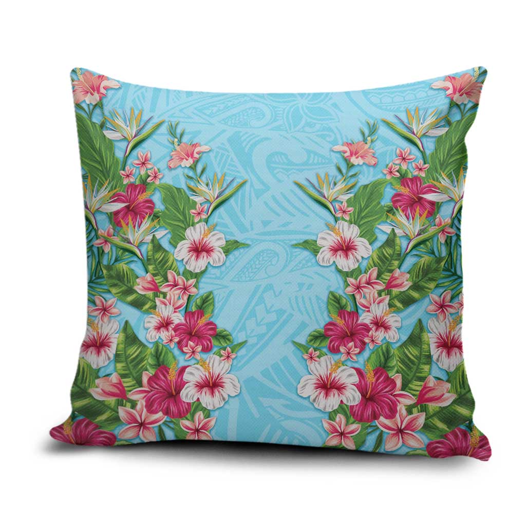 Hawaii Tropical Flowers Pillow Cover Sky Blue Polynesian Tattoo Art LT05 Blue - Polynesian Pride
