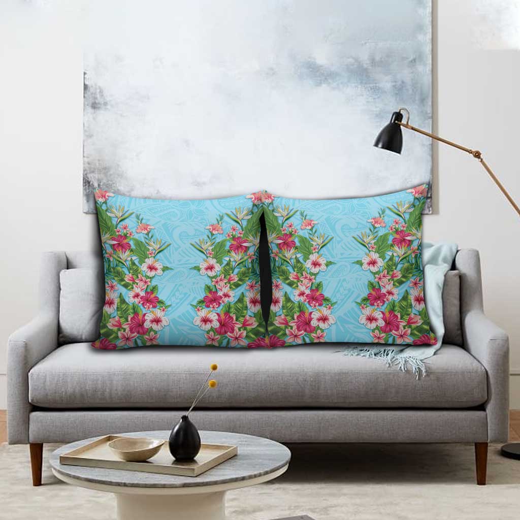 Hawaii Tropical Flowers Pillow Cover Sky Blue Polynesian Tattoo Art LT05 - Polynesian Pride