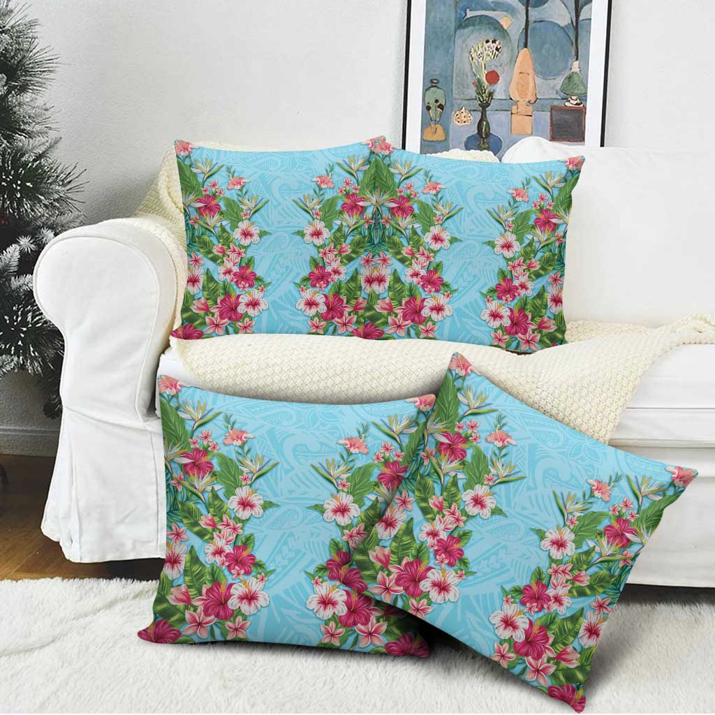 Hawaii Tropical Flowers Pillow Cover Sky Blue Polynesian Tattoo Art LT05 - Polynesian Pride