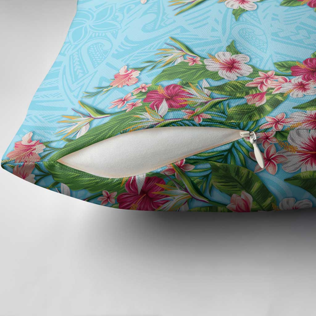 Hawaii Tropical Flowers Pillow Cover Sky Blue Polynesian Tattoo Art LT05 - Polynesian Pride