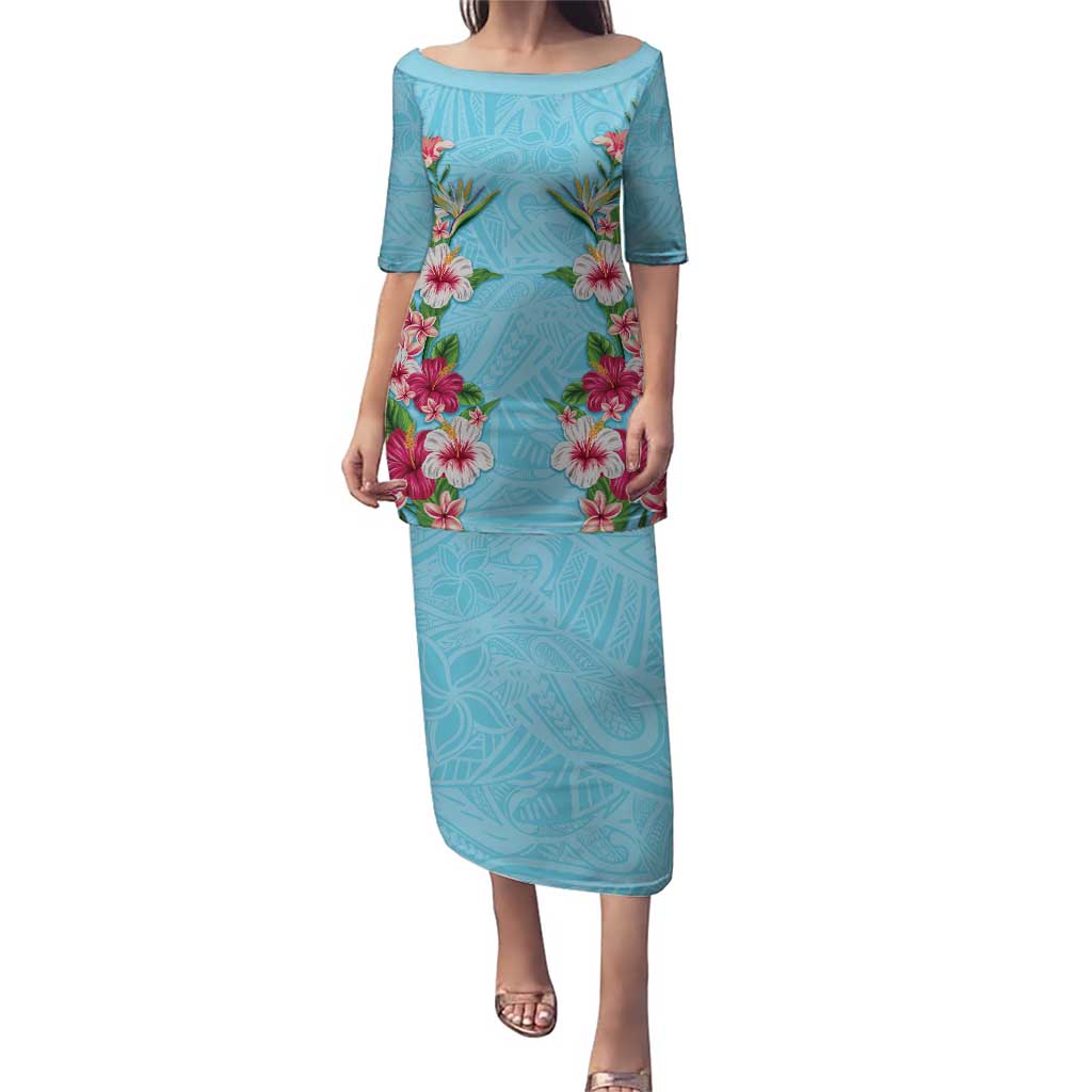 Hawaii Tropical Flowers Puletasi Sky Blue Polynesian Tattoo Art LT05 Long Dress Blue - Polynesian Pride