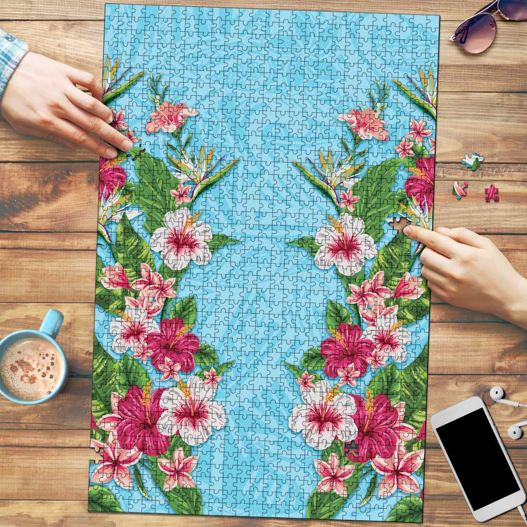 Hawaii Tropical Flowers Puzzle Sky Blue Polynesian Tattoo Art LT05 Blue - Polynesian Pride