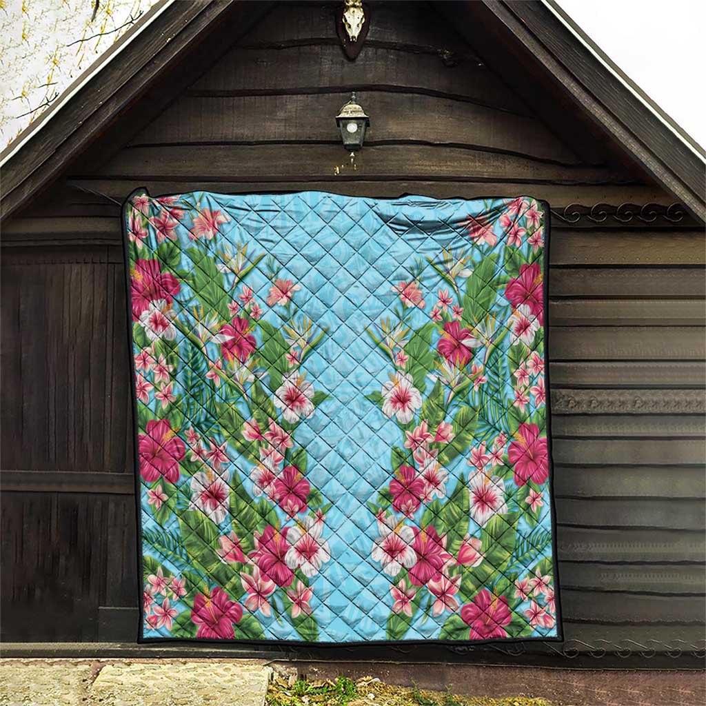 Hawaii Tropical Flowers Quilt Sky Blue Polynesian Tattoo Art LT05 - Polynesian Pride