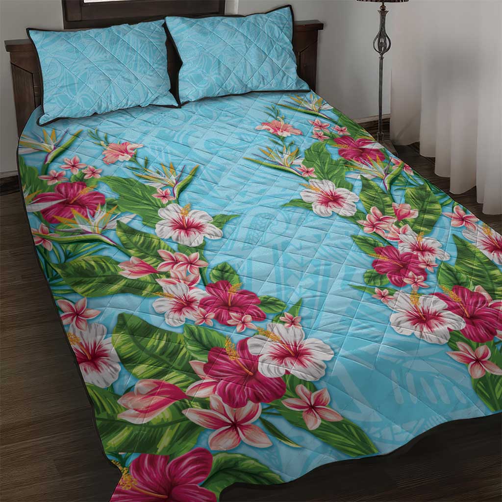 Hawaii Tropical Flowers Quilt Bed Set Sky Blue Polynesian Tattoo Art LT05 Blue - Polynesian Pride
