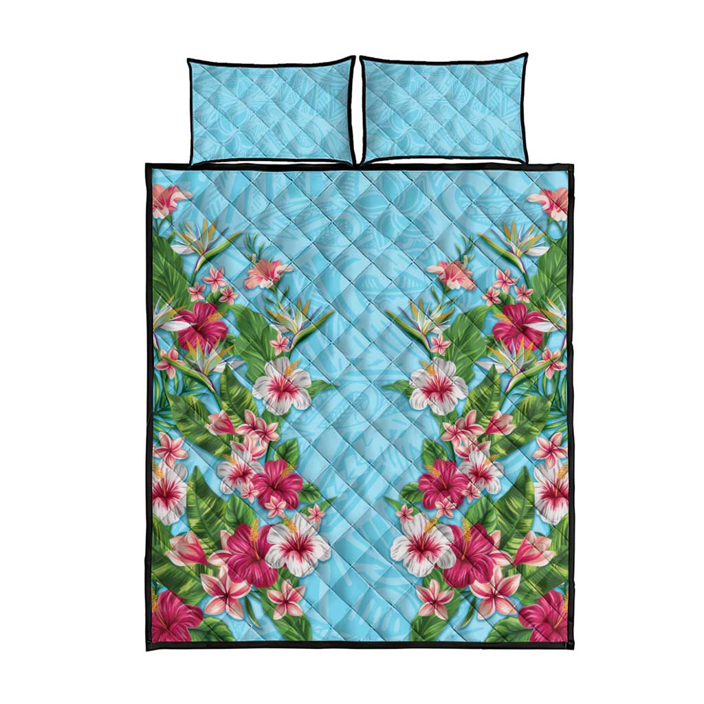 Hawaii Tropical Flowers Quilt Bed Set Sky Blue Polynesian Tattoo Art LT05 - Polynesian Pride