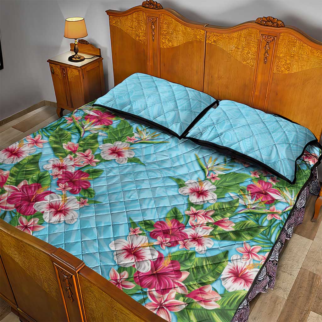 Hawaii Tropical Flowers Quilt Bed Set Sky Blue Polynesian Tattoo Art LT05 - Polynesian Pride