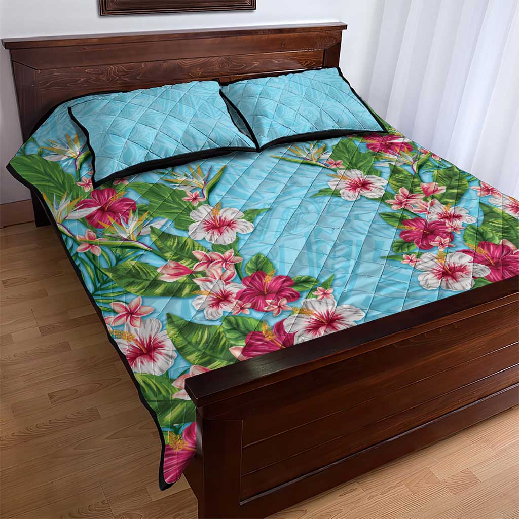 Hawaii Tropical Flowers Quilt Bed Set Sky Blue Polynesian Tattoo Art LT05 - Polynesian Pride