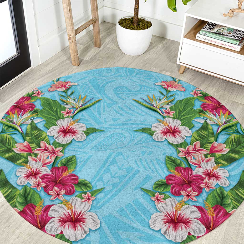 Hawaii Tropical Flowers Round Carpet Sky Blue Polynesian Tattoo Art LT05 Blue - Polynesian Pride