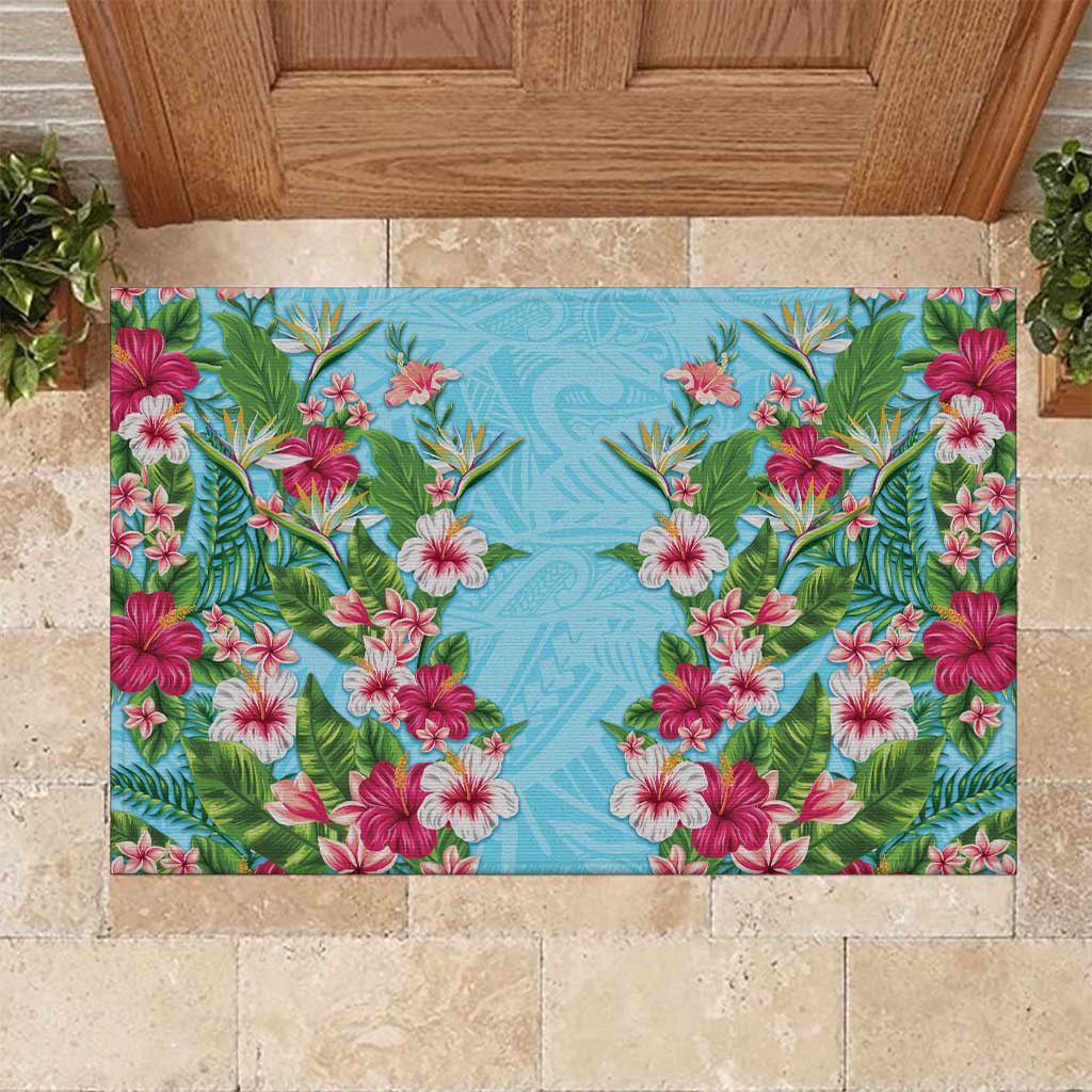 Hawaii Tropical Flowers Rubber Doormat Sky Blue Polynesian Tattoo Art LT05 Blue - Polynesian Pride