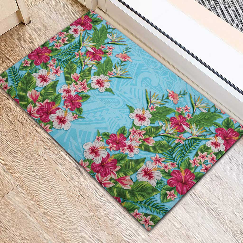 Hawaii Tropical Flowers Rubber Doormat Sky Blue Polynesian Tattoo Art LT05 - Polynesian Pride