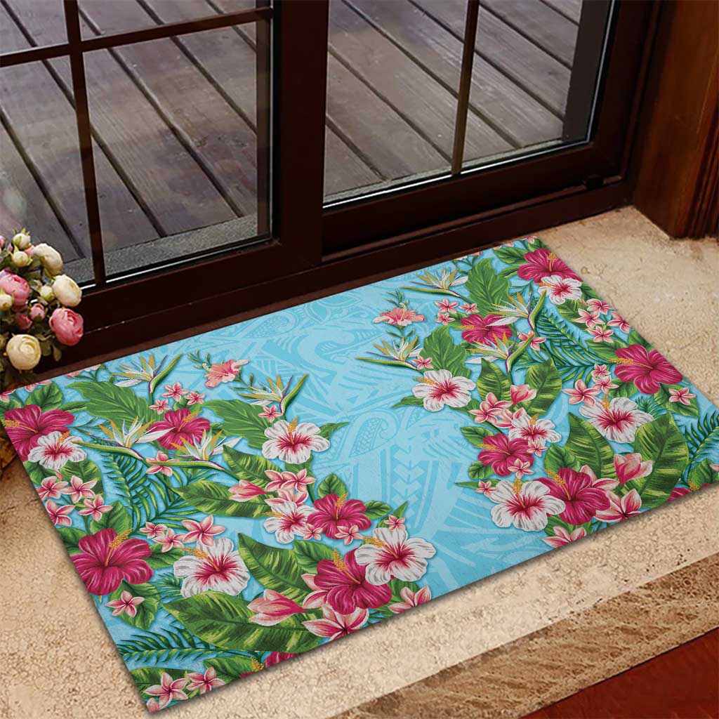 Hawaii Tropical Flowers Rubber Doormat Sky Blue Polynesian Tattoo Art LT05 - Polynesian Pride