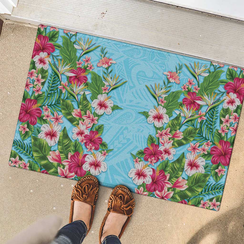 Hawaii Tropical Flowers Rubber Doormat Sky Blue Polynesian Tattoo Art LT05 - Polynesian Pride